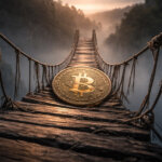 Bitcoin coin resting on a fragile rope bridge over a deep valley, symbolizing record oversold weekly conditions and lingering downside risk despite extreme market stress