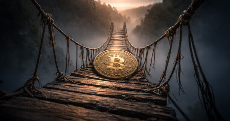 Bitcoin coin resting on a fragile rope bridge over a deep valley, symbolizing record oversold weekly conditions and lingering downside risk despite extreme market stress