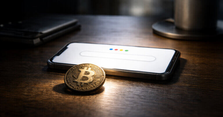 Bitcoin coin beside a smartphone displaying a search bar, symbolizing US search interest hitting a five-year high despite a bear market price decline