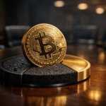 Bitcoin coin on a segmented platform symbolizing tech beta, liquidity sponge, and hedge dynamics as a Federal Reserve pause influences which market role dominates