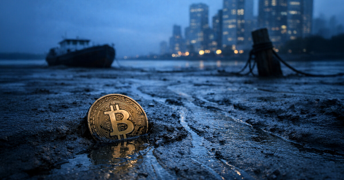 Bitcoin coin half-buried in muddy ground at low tide near a dark city skyline, reflecting ongoing BTC selloff and on-chain data signaling draining market liquidity