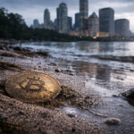 Bitcoin coin resting on a quiet shoreline with a city skyline in the background, reflecting market uncertainty as traders track Nvidia, the Fed, and BofA’s 7,100 target amid fears of a sharp de-rating