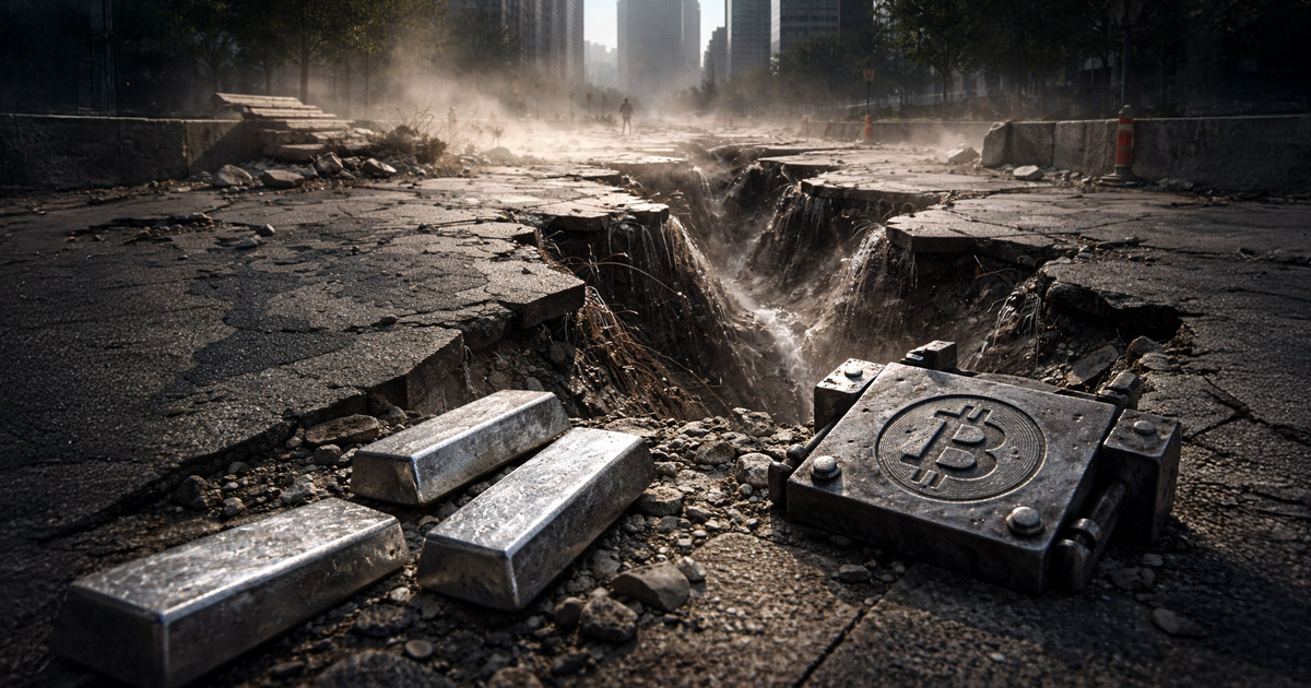Cracked city street collapsing into a deep fissure beside silver bars and a Bitcoin-engraved block, symbolizing a global margin call as inflation warnings hit markets