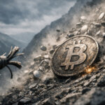 Bitcoin coin tumbling in a rocky landslide with debris and dust, symbolizing Bitcoin crashing below $70,000 and widespread liquidations that hit XRP hardest and wiped out $1B in crypto trading positions.