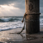Bitcoin symbol carved into a weathered post battered by two waves on a stormy beach, reflecting the double-wave capitulation after failed washouts at $80K and $60K