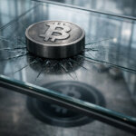 Metal Bitcoin coin pressing into cracked glass surface, symbolizing downside risk toward $8,000 and concerns over Strategy’s resilience in a potential bear market price magnet scenario