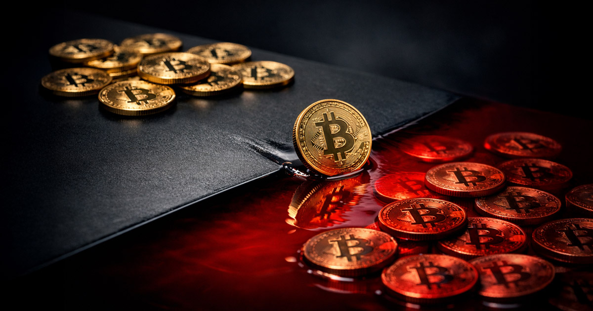 Bitcoin coins spilling into red liquid beneath a cracked surface, illustrating 59% of BTC supply in loss and the risk of a drop toward $54,000 if key demand support breaks