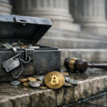 Open lockbox filled with cash and coins beside a gavel on courthouse steps, with a Bitcoin token in front, symbolizing the Supreme Court striking down IEEPA tariffs and a potential $179 billion market payout