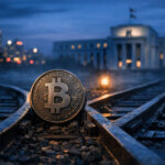 Bitcoin coin on split railroad tracks near the Federal Reserve at dusk, symbolizing how the Fed’s pause may shape whether Bitcoin trades like tech beta, liquidity sponge, or hedge
