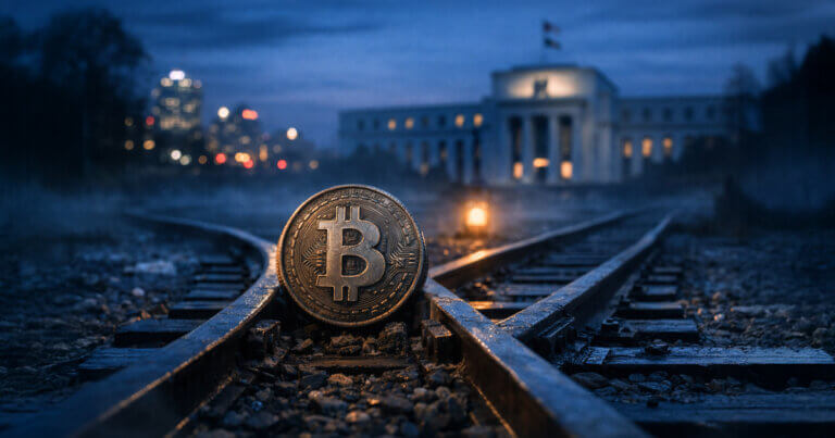 Bitcoin coin on split railroad tracks near the Federal Reserve at dusk, symbolizing how the Fed’s pause may shape whether Bitcoin trades like tech beta, liquidity sponge, or hedge