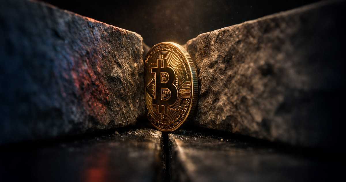 Bitcoin coin squeezed tightly between two stone blocks, symbolizing a 15% mining difficulty jump that pressures weaker miners while potentially clearing the way for stronger hands