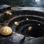 Bitcoin coins spilling from a briefcase into a deep spiral sinkhole in a wet roadway, symbolizing Bitcoin treasury firms facing a death spiral as prices decline.