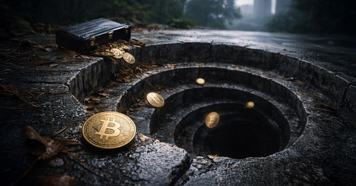 Bitcoin coins spilling from a briefcase into a deep spiral sinkhole in a wet roadway, symbolizing Bitcoin treasury firms facing a death spiral as prices decline.