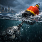 Stormy ocean buoy chained to sinking Bitcoin coins, symbolizing $10B in corporate BTC treasuries underwater as Bitcoin falls to $66,443 and risk metrics worsen