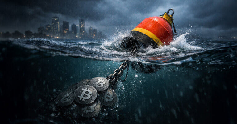Stormy ocean buoy chained to sinking Bitcoin coins, symbolizing $10B in corporate BTC treasuries underwater as Bitcoin falls to $66,443 and risk metrics worsen