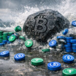 Waves slam a seawall as a Bitcoin boulder crashes through stacks of Tether and USD Coin tokens, symbolizing $3B in new stablecoin mints failing to stop Bitcoin’s slide toward $70,000.