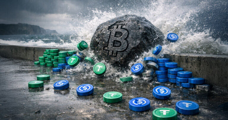 Waves slam a seawall as a Bitcoin boulder crashes through stacks of Tether and USD Coin tokens, symbolizing $3B in new stablecoin mints failing to stop Bitcoin’s slide toward $70,000.