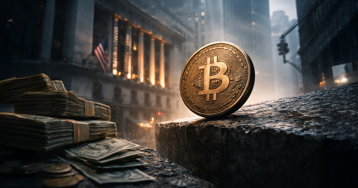 Bitcoin coin on a city ledge near Wall Street with stacks of cash in the foreground, illustrating limited liquidity to buy the dip and potential rotation of trillions into Bitcoin if prices remain low