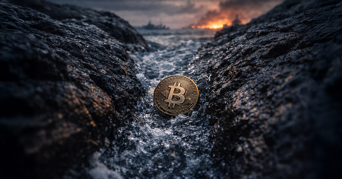 Bitcoin coin caught in a narrow stream between dark rocks with distant explosions on the horizon, symbolizing market turbulence and uncertainty over how a potential US-Iran war could impact Bitcoin prices