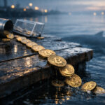Bitcoin coins spill off a wet dock into dark water as a whale silhouette looms, symbolizing whale accumulation while Bitcoin rebounds near $70,000 despite ETF selling