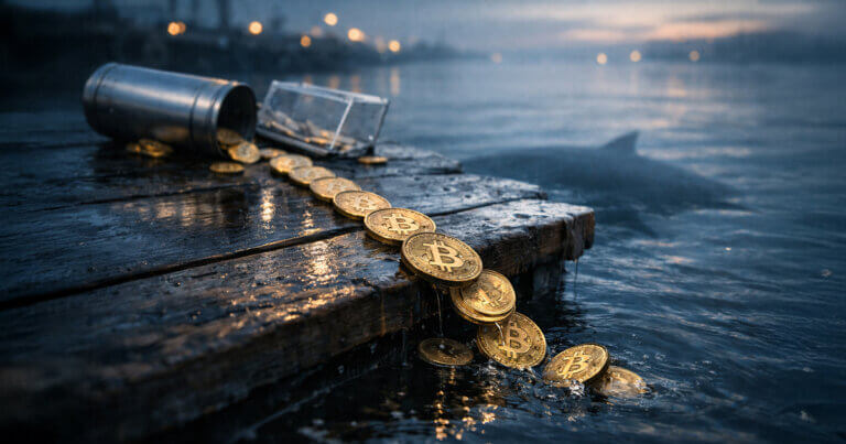 Bitcoin coins spill off a wet dock into dark water as a whale silhouette looms, symbolizing whale accumulation while Bitcoin rebounds near $70,000 despite ETF selling