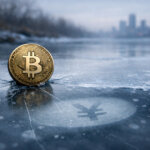 Bitcoin coin standing on cracked ice with a faint yen symbol reflected beneath, symbolizing the wobbling yen carry trade as a hidden liquidity source for crypto markets
