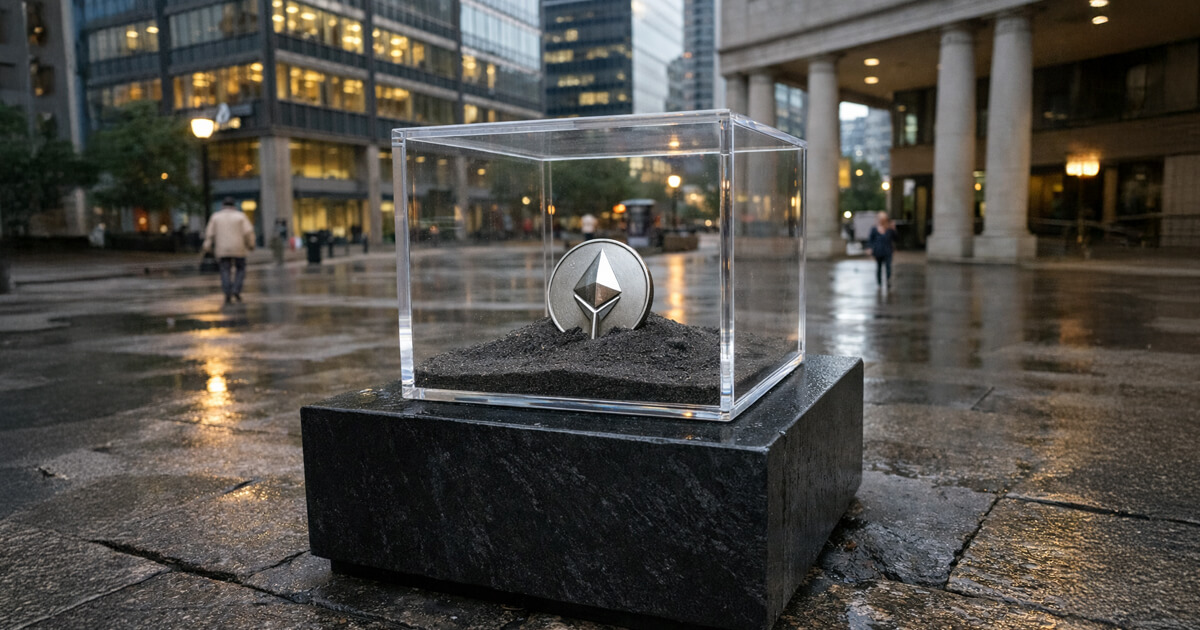 Ethereum coin sealed in a glass display case outside a financial district building, symbolizing BlackRock staking ETF reward cuts and potential delays in ETHB investor exits