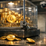 Bitcoin coins and gold bars locked in a glass case with a security camera in the background, illustrating Bithumb’s $44B Bitcoin giveaway and crypto control failures