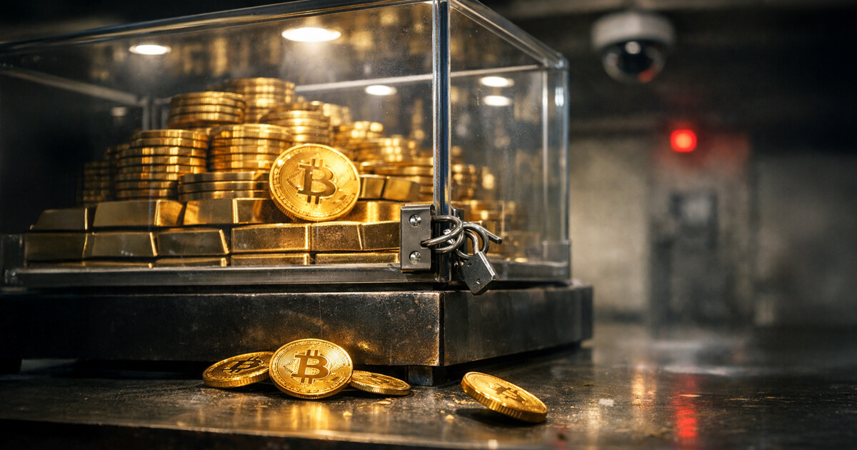 Bitcoin coins and gold bars locked in a glass case with a security camera in the background, illustrating Bithumb’s $44B Bitcoin giveaway and crypto control failures