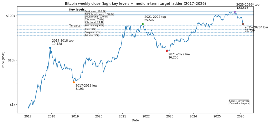 Bitcoin’s weekly log chart mapping key support levels and medium-term downside targets across cycles.