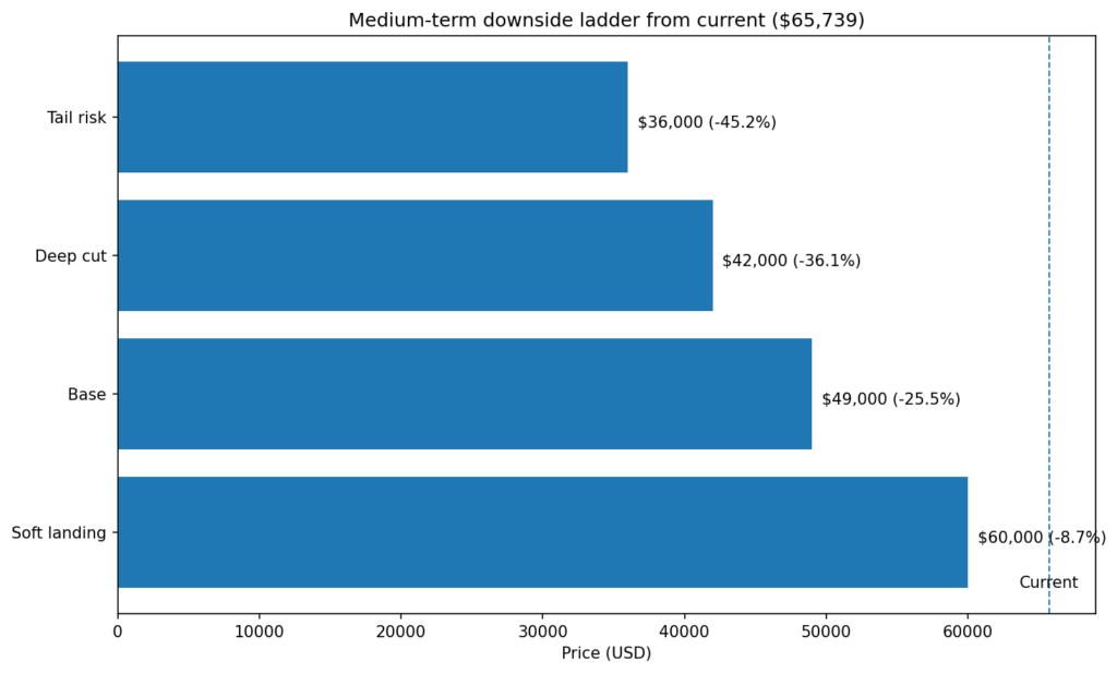A medium-term downside ladder outlines soft landing, base case, and tail-risk scenarios from current price.
