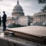 Stack of policy documents in front of the U.S. Capitol with lobbyists in the background, symbolizing DeFi protocols building Washington influence in a new K Street era