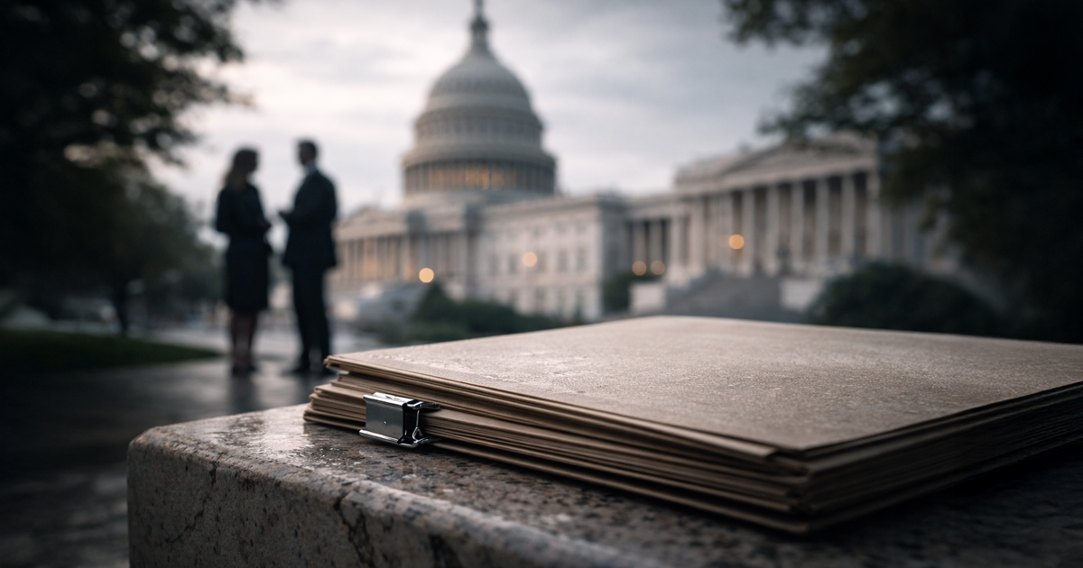 Stack of policy documents in front of the U.S. Capitol with lobbyists in the background, symbolizing DeFi protocols building Washington influence in a new K Street era