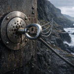 Massive steel vault door with cables stretching along a rugged coastline, symbolizing Cardano’s new omnichain deal targeting $80 billion in assets while liquidity remains uncertain