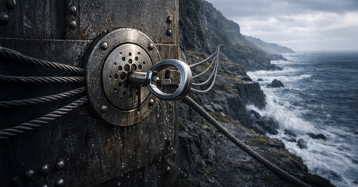 Massive steel vault door with cables stretching along a rugged coastline, symbolizing Cardano’s new omnichain deal targeting $80 billion in assets while liquidity remains uncertain