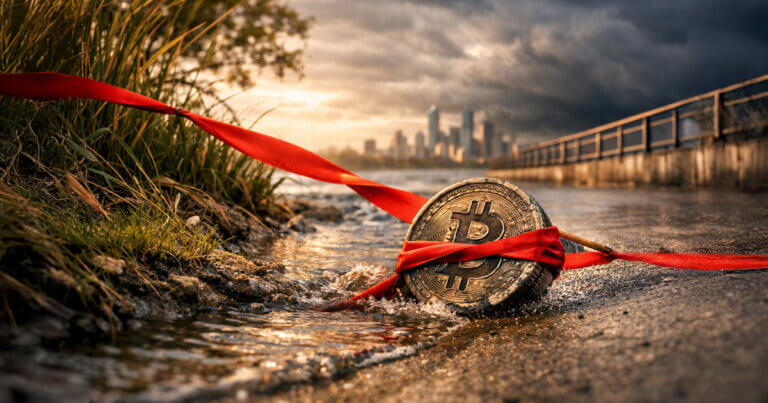 Bitcoin coin bound by red tape near a city waterfront, symbolizing how Trump’s tariff chaos erased $100 billion from the crypto market