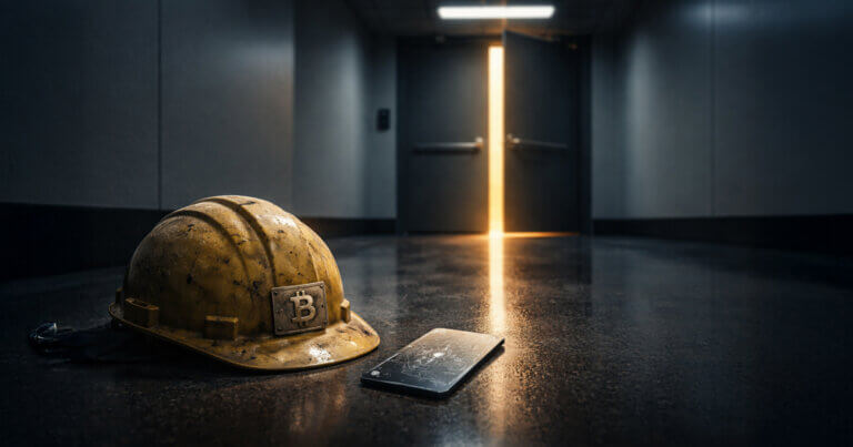 Bitcoin-branded hard hat and smartphone on office floor near open door, symbolizing crypto builders weighing AI funding and shifting insider option value