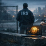IRS agent near a police vehicle as a laptop displays Bitcoin transactions, symbolizing rising crypto tax scrutiny and the need to prove cost basis for reported sales