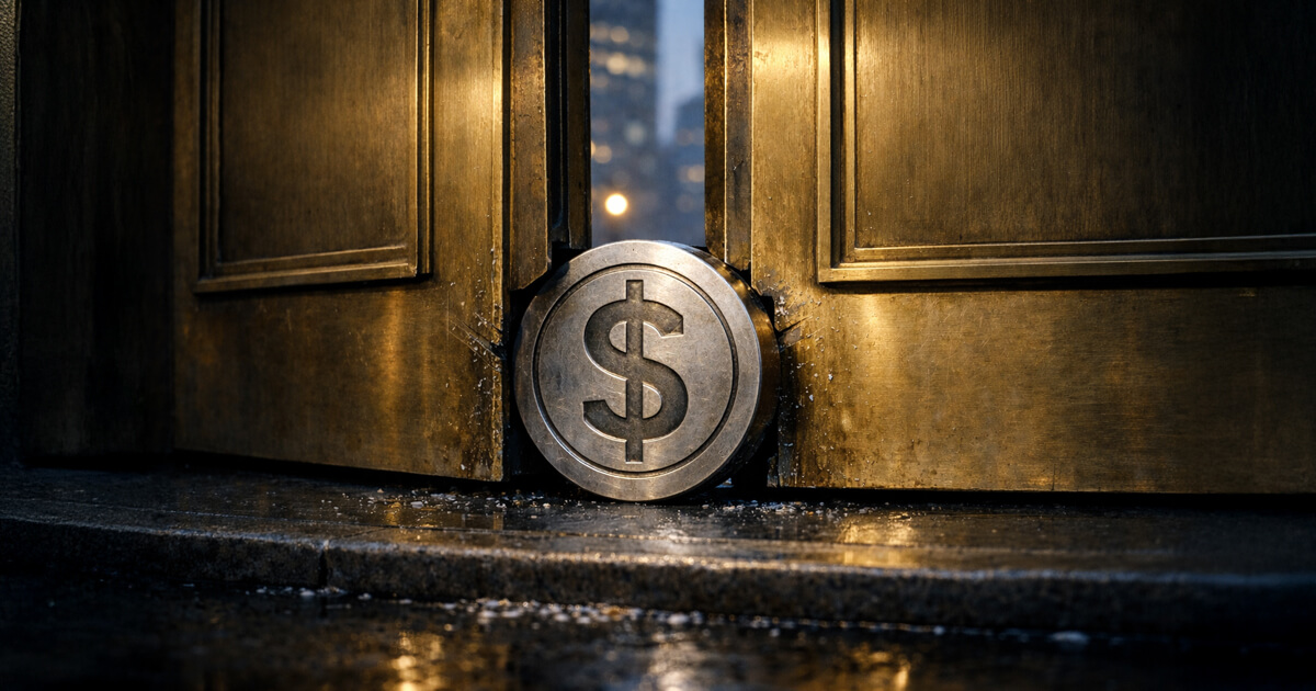 Metal dollar coin wedged in closing bank vault doors, symbolizing banks launching branded digital dollars if crypto rewards remain allowed under the CLARITY Act