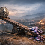 Ethereum coin on a rusted seesaw tipping against a pile of Aave tokens, symbolizing Trend Research’s ETH sell-off and rising liquidation risk near key Aave thresholds