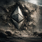 Ethereum logo embedded in a cracked concrete wall with rubble and dust, symbolizing Ethereum’s layer 2 vision hitting a wall and Vitalik declaring branded shards dead.