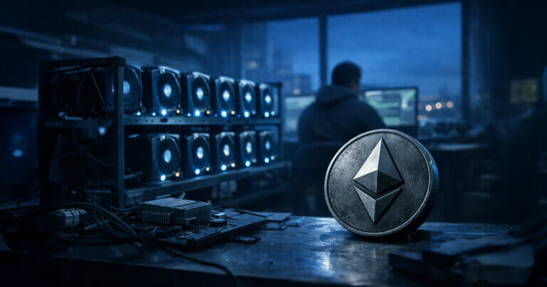 Ethereum coin beside a 12-GPU rig and engineer at a workstation, illustrating zero-knowledge proof block proving instead of re-execution.