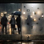 Rainy city bus shelter split between transparent and frosted panels with Bitcoin and Ethereum symbols, illustrating divide in crypto privacy between retail opt-in tools and institutional sealed execution and auditability