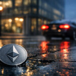 Ethereum coin on rain-soaked city street at night with blurred car lights, symbolizing insider selling as Peter Thiel exits an ETH treasury company trade