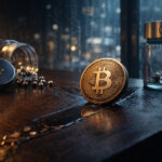 Bitcoin coin on a desk between jars marked by exchange symbols, contrasting Coinbase diamond hands and Binance panic selling during the $60,000 BTC stress test