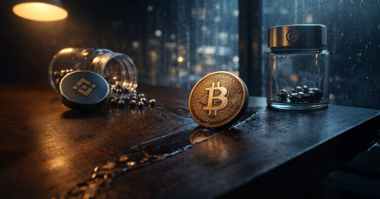 Bitcoin coin on a desk between jars marked by exchange symbols, contrasting Coinbase diamond hands and Binance panic selling during the $60,000 BTC stress test