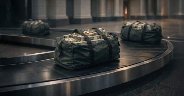 Cash-filled duffel bags circulating on an airport-style baggage carousel inside a grand hall, symbolizing the Fed’s $7.7T liquidity entering a post-rate-cut rotation window