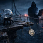 Hooded hacker on a stormy pier uses a laptop near a cracked crystal ball and dangling crypto coin, symbolizing prediction markets’ Web2.5 login security flaw