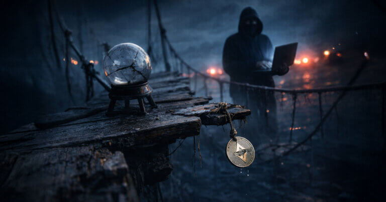 Hooded hacker on a stormy pier uses a laptop near a cracked crystal ball and dangling crypto coin, symbolizing prediction markets’ Web2.5 login security flaw