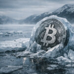 Bitcoin frozen in a block of ice on a wintry lake, symbolizing BTC losing $65K support on the path toward $60K as the crypto winter deepens